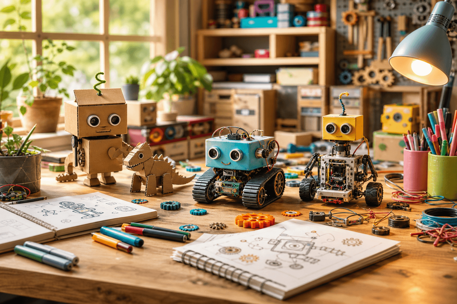 A warm workshop table filled with handmade robots, cardboard creatures, tools, markers, and invention sketches.